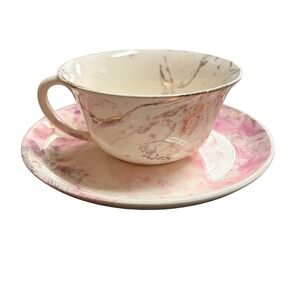 Sascha Brastoff California Pink Purple Marble Tea Cup Saucer Set Gold Accents